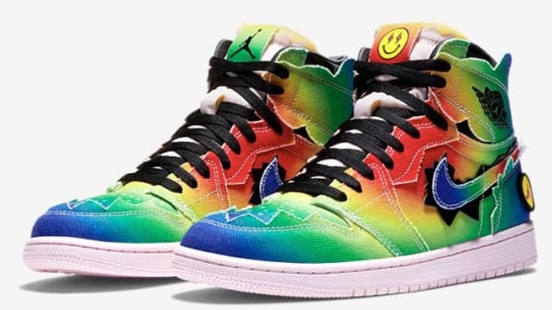 Side view of J Balvin's tie-dyed Air Jordan sneakers.